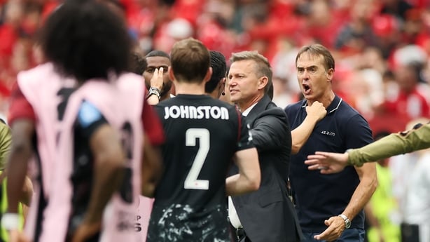 VANCOUVER, BRITISH COLUMBIA - JUNE 18: Jesse Marsch, Head Coach of Canada, and Julen Lopetegui, Head Coach of Qatar, intervene as players argue after Ismael Kone #8 of Canada is fouled by Assim Madibo #23 of Qatar during the FIFA World Cup 2026 Group B match between Canada and Qatar at BC Place Vanc