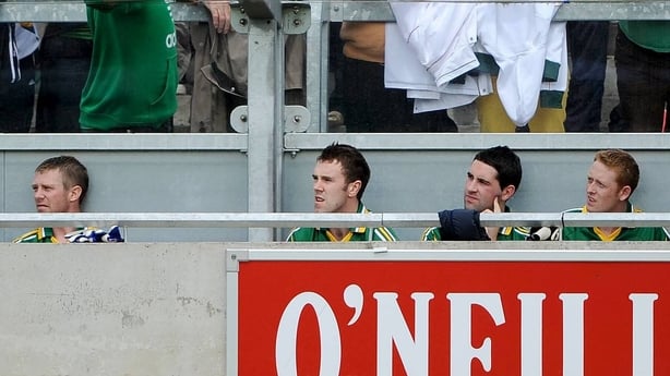 26 July 2009; Kerry players Tomas O Se, left, and Colm Cooper, right, sit in the dugout alongside team-mates Daniel Bohane and Bryan Sheehan during the game. GAA All-Ireland Senior Football Championship Qualifier Round 4, Antrim v Kerry, O'Connor Park, Tullamore, Co. Offaly. Picture credit: Brendan 