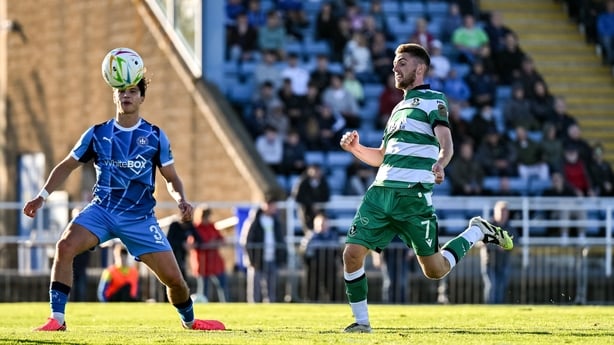 Dylan Watts of Shamrock Rovers scores his side's first goal during the SSE Airtricity Men's Premier Division match between Waterford and Shamrock Rovers at RSC in Waterford.