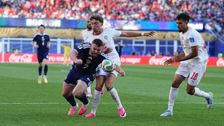 John McGinn (Scotland) and Neil El Aynaoui (Morocco) battle for the ball during Group C FIFA World Cup 2026, Scotland and Morocco, Boston Stadium, Boston, USA on June 19 2026. (Photo by Ulrik Pedersen/NurPhoto via Getty Images)