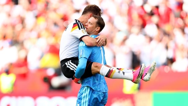 TORONTO, ONTARIO - JUNE 20: Joshua Kimmich #6 and Manuel Neuer #1 of Germany celebrate the team's 2-1 victory in the FIFA World Cup 2026 Group E match between Germany and Cote D'Ivoire at Toronto Stadium on June 20, 2026 in Toronto, Ontario. (Photo by Robert Cianflone/Getty Images)