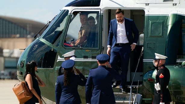 US Vice President JD Vance disembarks Marine Two as he arrives at Joint Base Andrews in Maryland.