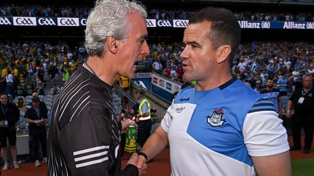 21 June 2026; Donegal manager Jim McGuinness, left, and Dublin manager Ger Brennan shake hands after the GAA Football All-Ireland Senior Championship Round 3 match between Dublin and Donegal at Croke Park in Dublin. Photo by Ramsey Cardy/Sportsfile