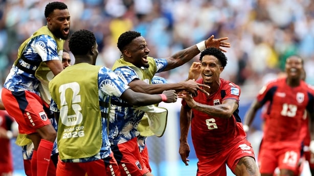 MIAMI GARDENS, FLORIDA - JUNE 21: Kevin Pina #6 of Cabo Verde celebrates with teammates after scoring the team's first goal during the FIFA World Cup 2026 Group H match between Uruguay and Cabo Verde at Miami Stadium on June 21, 2026 in Miami Gardens, Florida. (Photo by Carmen Mandato - FIFA/FIFA vi
