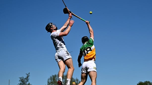 24 May 2026; David Nally of Offaly and Rian Boran of Kildare contest a high ball during the Leinster GAA Senior Hurling Championship Round 5 match between Kildare and Offaly at Cedral St Conleth's Park in Newbridge, Kildare. Photo by Tyler Miller/Sportsfile