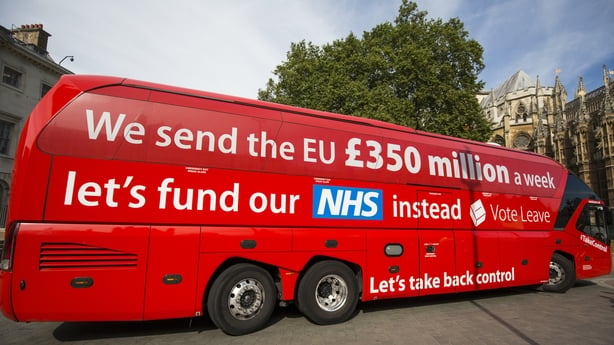 A 'Vote LEAVE' battle bus is parked outside the Houses of Parliament in Westminster by the environmental campaign group Greenpeace before being re-branded