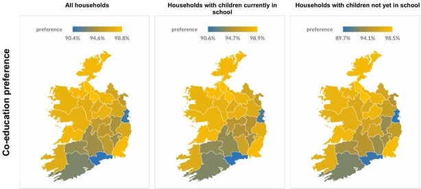 A map of Ireland showing co-Educational school preferences of each county from Department of Education suvery