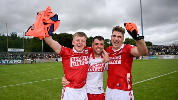 13 June 2026; Dara Sheedy, left, Patrick Doyle, centre, and Ian Maguire of Cork celebrate after the GAA Football All-Ireland Senior Championship Round 2A match between Donegal and Cork at MacCumhaill Park in Ballybofey, Donegal. Photo by Ramsey Cardy/Sportsfile
