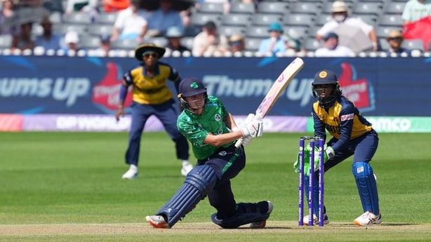 Gaby Lewis of Ireland playing a shot during the ICC Women's T20 World Cup Group B match between Sri Lanka Vs Ireland at Bristol County Ground on June 23, 2026 in Bristol, England.