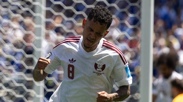 SEATTLE, WASHINGTON - JUNE 24: Edmilson Junior #8 of the Qatar celebrate a goal during the FIFA World Cup 2026 Group B match between Bosnia and Herzegovina and Qatar at Seattle Stadium on June 24, 2026 in Seattle, Washington. (Photo by Al Sermeno/ISI Photos/ISI Photos via Getty Images)