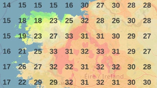A map showing high temperatures in Ireland from Met Éireann