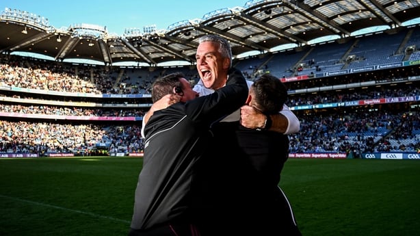 29 June 2024; Galway manager Pádraic Joyce celebrates with selector John Concannon, left, and Cian Breathnach McGinn, Strength and Conditioning Coach, right, after their side's victory in the GAA Football All-Ireland Senior Championship quarter-final match between Dublin and Galway at Croke Park in 
