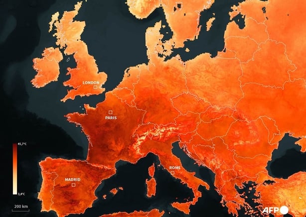 A photo created on June 24, 2026 combining sources from EDO, Nasa, Jaxa, Gebco, OSM shows a map of Europe as a heatwave is scorching the continent, exceeding some scientific projections. The heatwave scorching Europe has exceeded some scientific projections, the head of the UN's climate experts pane