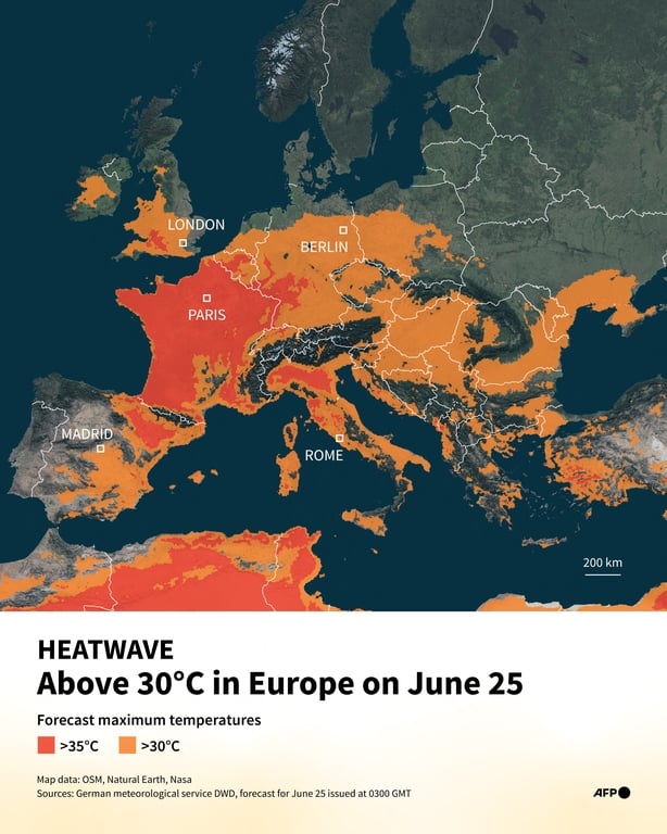 Infographic with a map of Europe showing areas where maximum temperatures will exceed 30°C