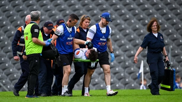 31 May 2026; Bobby McCaul of Monaghan is brought off the pitch on a stretcher after a second half injury during the GAA Football All-Ireland Senior Championship Round 1 match between Monaghan and Mayo at St Tiernach's Park in Clones, Monaghan. Photo by Piaras Ó Mídheach/Sportsfile
