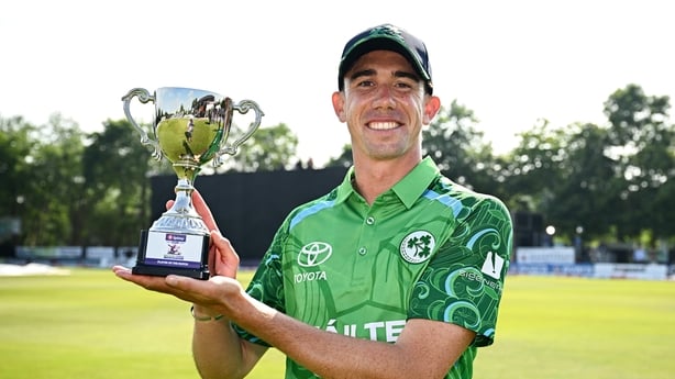 26 June 2026; Player of the match Ireland's Matthew Hollard after his side's victory during match one of the Spinny Cup Men's T20 International series between Ireland and India at Stormont in Belfast. Photo by Seb Daly/Sportsfile