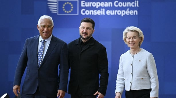 European Council President Antonio Costa, Ukraine's President Volodymyr Zelensky and European Commission President Ursula von der Leyen arrive to attend the EU Summit 