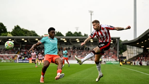 James McClean of Derry City in action against Edwin Agbaje of Drogheda United during the SSE Airtricity Men's Premier Division match between Derry City and Drogheda United at the Ryan McBride Brandywell Stadium in Derry.