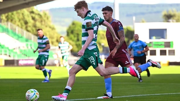 Adam Brennan of Shamrock Rovers in action against Matthew Wolfe of Galway United during the SSE Airtricity Men's Premier Division match between Shamrock Rovers and Galway United at Tallaght Stadium in Dublin.
