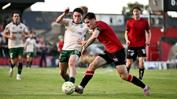 26 June 2026; Dawson Devoy of Bohemians in action against Kian Leavy of St Patrick's Athletic during the SSE Airtricity Men's Premier Division match between Bohemians and St Patrick's Athletic at Dalymount Park in Dublin. Photo by Ben McShane/Sportsfile