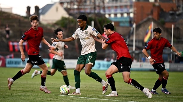 26 June 2026; Romal Palmer of St Patrick's Athletic in action against Jordan Flores of Bohemians during the SSE Airtricity Men's Premier Division match between Bohemians and St Patrick's Athletic at Dalymount Park in Dublin. Photo by Ben McShane/Sportsfile