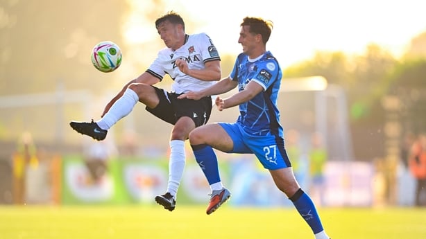 26 June 2026; Keith Buckley of Dundalk in action against Dean McMenamy of Waterford during the SSE Airtricity Men's Premier Division match between Dundalk and Waterford at Oriel Park in Dundalk, Louth. Photo by Shauna Clinton/Sportsfile