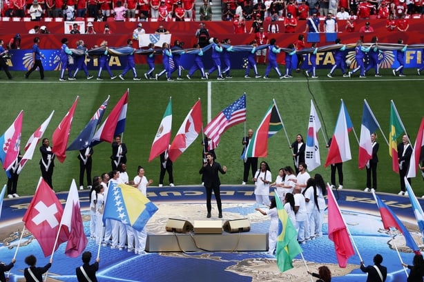 TORONTO, ONTARIO - JUNE 12: Michael Buble performs during the Parade of Nations before the FIFA World Cup 2026 Group B match between Canada and Bosnia and Herzegovina at Toronto Stadium on June 12, 2026 in Toronto, Ontario. (Photo by Michael Steele/Getty Images)