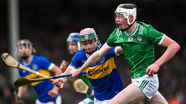 27 June 2026; Diarmuid Crowe of Limerick in action against Colm Ryan of Tipperary during the Electric Ireland All-Ireland Minor Hurling Championship final match between Limerick and Tipperary at TUS Gaelic Grounds in Limerick. Photo by Seb Daly/Sportsfile