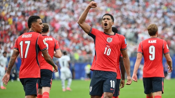 England's midfielder #10 Jude Bellingham celebrates scoring his team's first goal during the 2026 World Cup Group L football match between Panama and England at the New York/New Jersey Stadium in East Rutherford on June 27, 2026. (Photo by ANGELA WEISS / AFP)