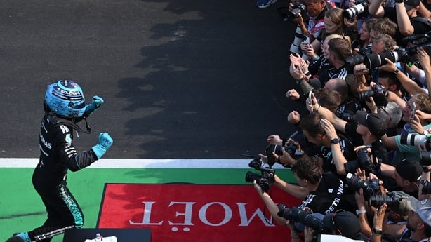 SPIELBERG, AUSTRIA - JUNE 28: Race winner George Russell of Great Britain and Mercedes AMG Petronas F1 Team celebrates in parc ferme with his team during the F1 Grand Prix of Austria at Red Bull Ring on June 28, 2026 in Spielberg, Austria. (Photo by Pauline Ballet - Formula 1/Formula 1 via Getty Ima