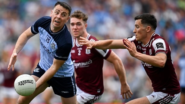 28 June 2026; Cormac Costello of Dublin in action against Finnian Ó Laoi of Galway during the GAA Football All-Ireland Senior Championship quarter-final match between Dublin and Galway at Croke Park in Dublin. Photo by Seb Daly/Sportsfile