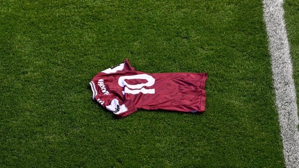 28 June 2026; The Galway number 10 jersey is laid out in honour of former Galway footballer Paul Clancy, who died during the week, ahead of the GAA Football All-Ireland Senior Championship quarter-final match between Dublin and Galway at Croke Park in Dublin. Photo by Daire Brennan/Sportsfile