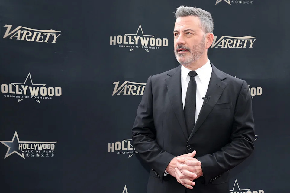 Jimmy Kimmel poses before the unveiling ceremony of Adam Carolla's star on the Hollywood Walk of Fame in Los Angeles on May 27, 2026.