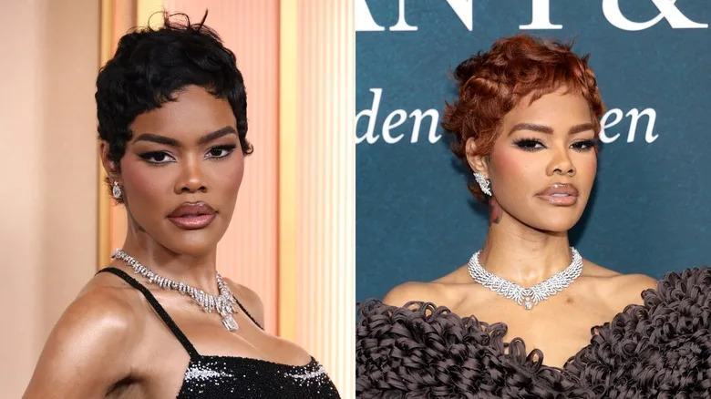 Side-by-side photos of Teyana Taylor with brown and red hair