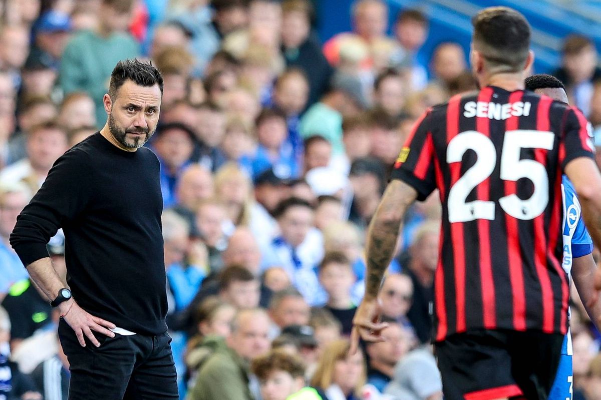 Head Coach Roberto De Zerbi of Brighton & Hove Albion does not look happy following Marcos Senesi of Bournemouth challenge on João Pedro of Brighton & Hove Albion during the Premier League match between Brighton & Hove Albion and AFC Bournemouth at American Express Community Stadium