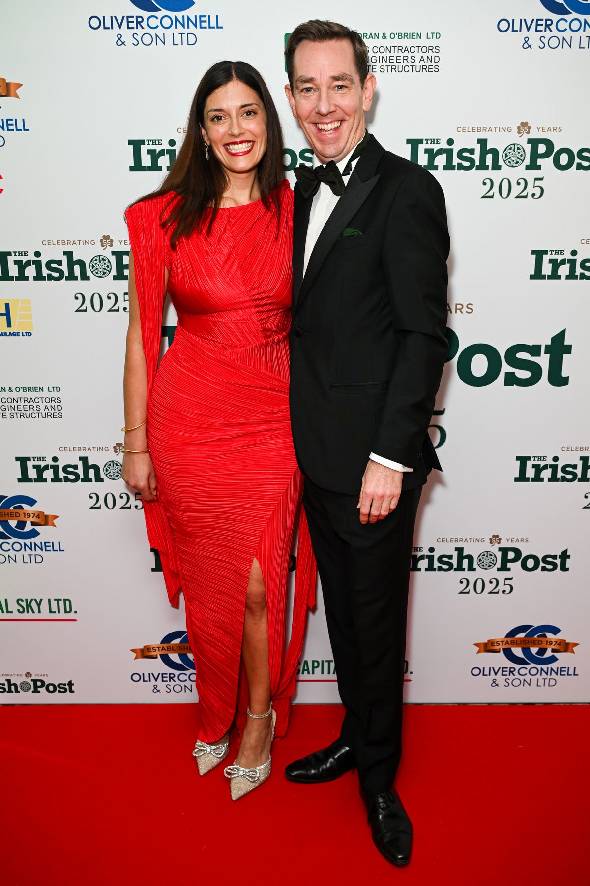 Dr. Clare Kambamettu (L) and Ryan Tubridy attend The Irish Post Awards at The Grosvenor House Hotel