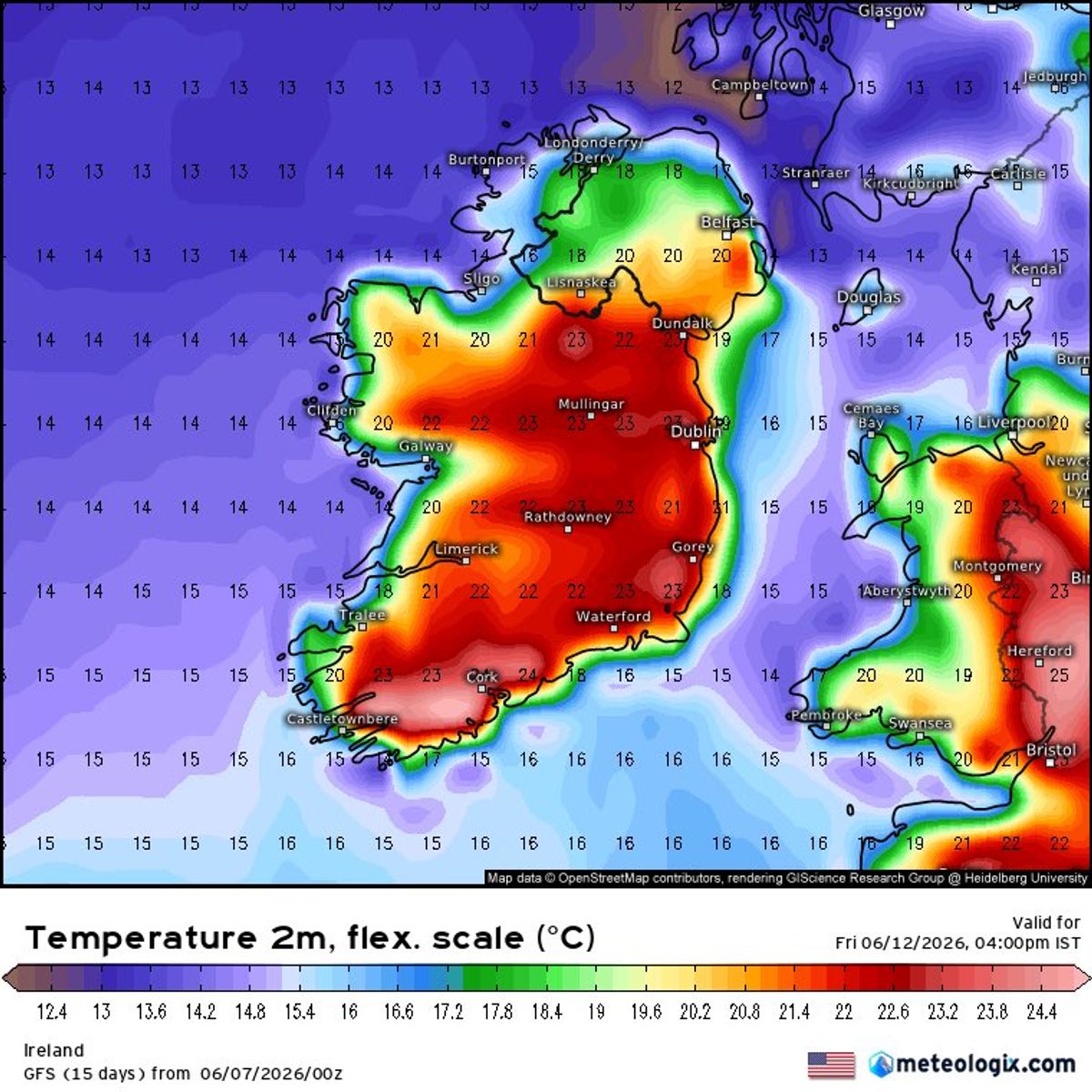 The latest forecast from the GFS model predicts temperatures to hit 23C in Ireland on Friday
