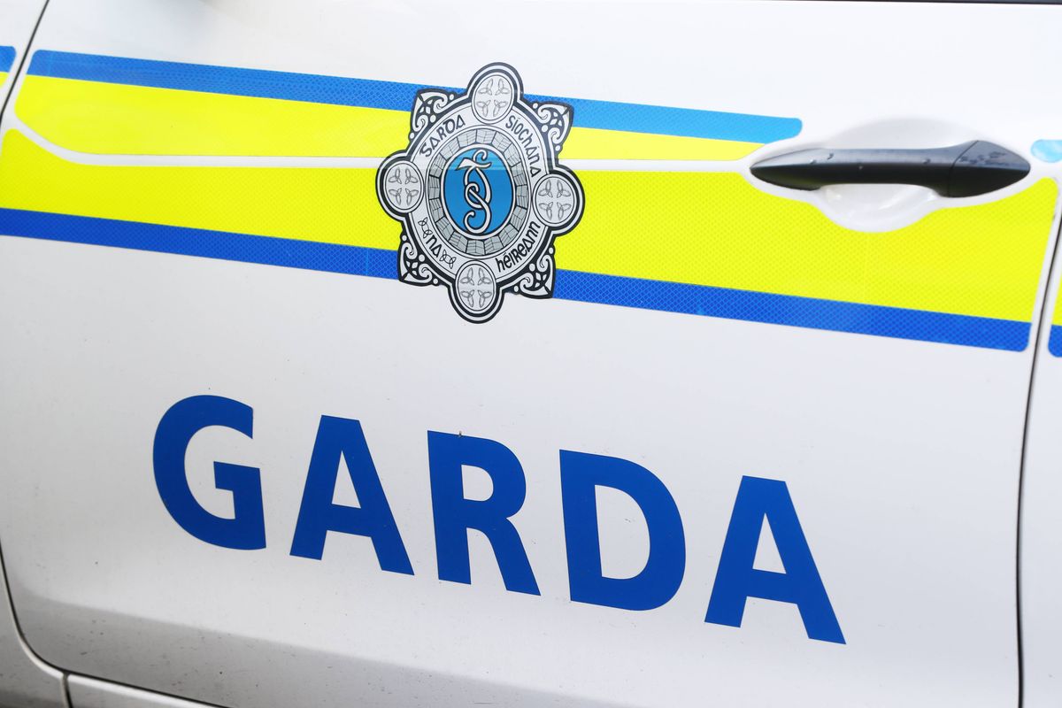 An image displays a close-up view of the side of a police vehicle. The vehicle features a distinct white and yellow striped design. The word "GARDA" is prominently displayed in bold, blue letters against the white background. Additionally, the Garda crest is visible above the word, indicating the vehicle belongs to the Irish police force, An Garda Síochána.