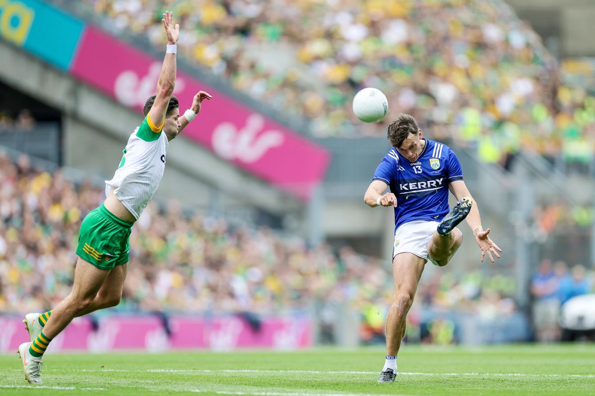 Kerry's David Clifford scores two points despite Brendan McCole of Donegal in last year's All-Ireland final.