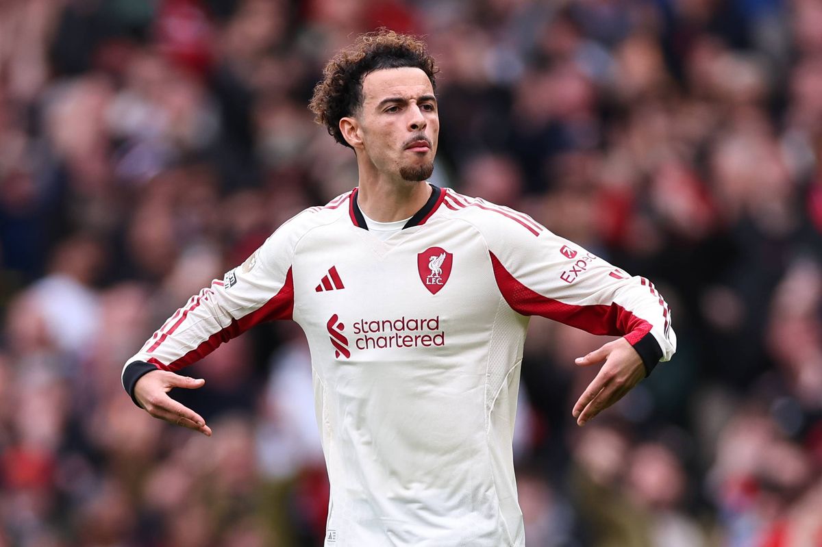 MANCHESTER, ENGLAND - MAY 3:  Curtis Jones of Liverpool reacts during the Premier League match between Manchester United and Liverpool at Old Trafford on May 3, 2026 in Manchester, United Kingdom. (Photo by Robbie Jay Barratt - AMA/Getty Images)