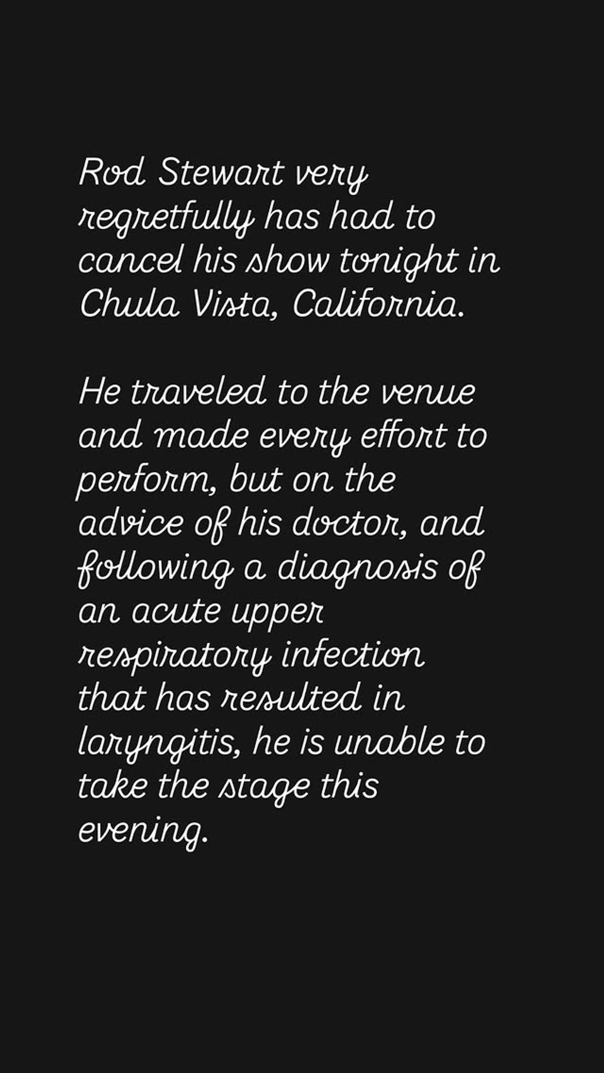 Rod Stewart cancels gig at 11th hour with worrying health update