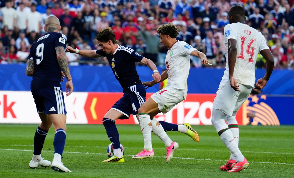 Scotland's Scott McTominay is challenged by Morocco's Neil El Aynaoui during the FIFA World Cup Group C match at the Boston Stadium, Foxborough.