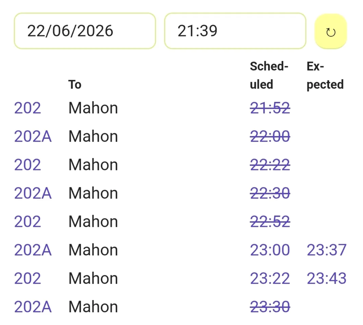 Cancellations shown on bustimes.org on the 202/202A route on Monday night