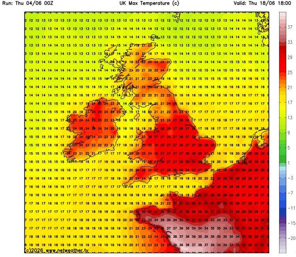 Weather maps currently show widespread highs of 25C on Thursday, June 18