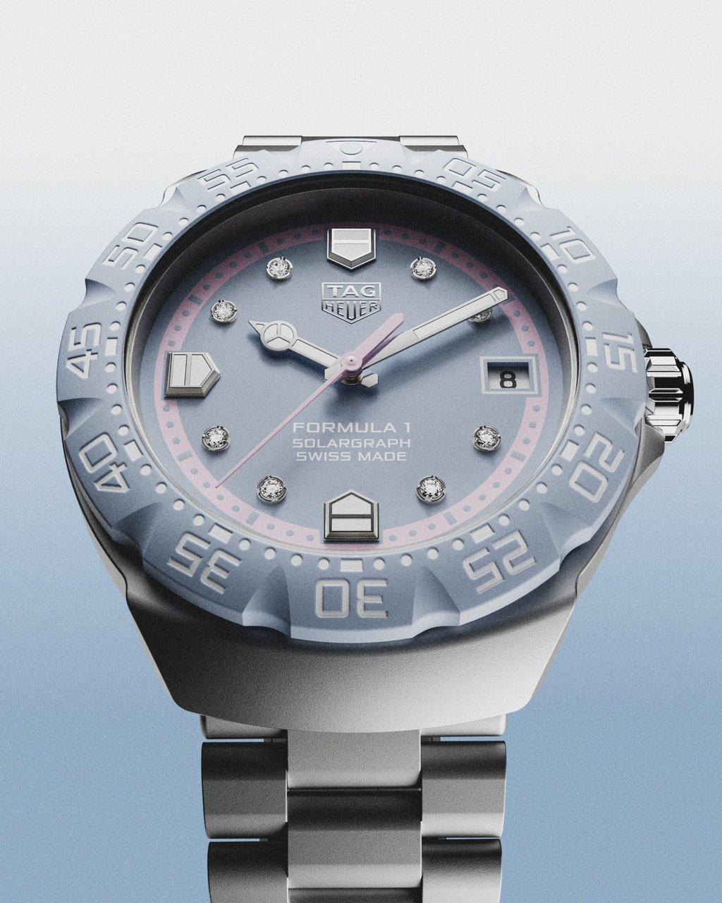 Tag Heuer Formula One 38mm Solargraph with pastel blue opaline dial and pastel pink flange. Photo: Handout