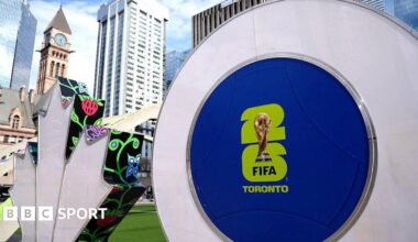 The Toronto sign decorated with FIFA World Cup graphics is seen at Nathan Phillips Square