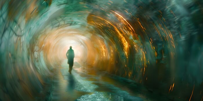 Person walking towards a bright light in a swirling tunnel, symbolizing unexplained things experienced by patients.
