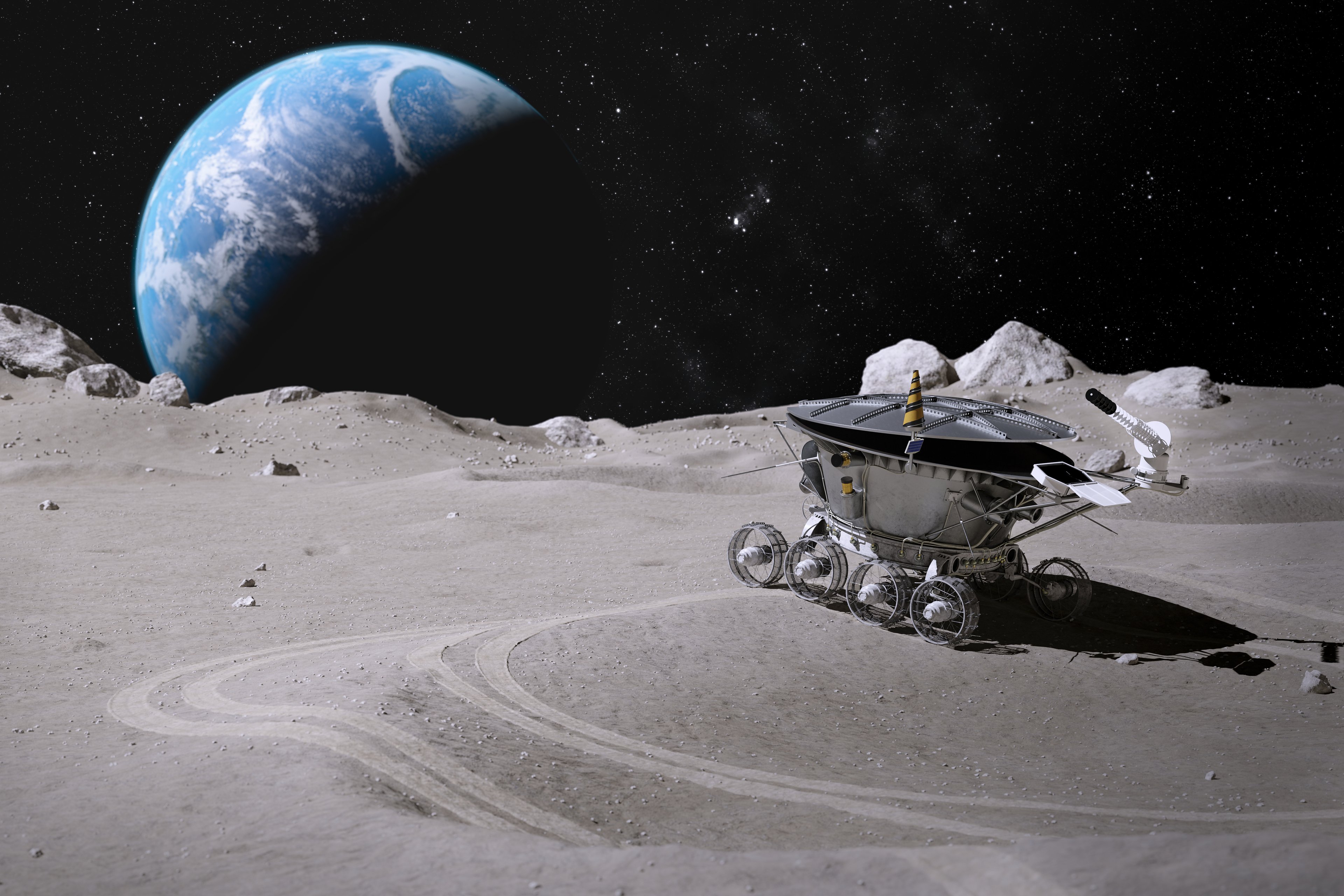 Image depicts an abandoned lunar rover on the surface of the Moon with planet Earth in the background.