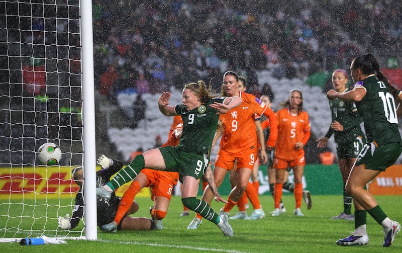 Ireland's Amber Barrett scores her side's third goal of the match. Photograph: Ben Brady/Inpho