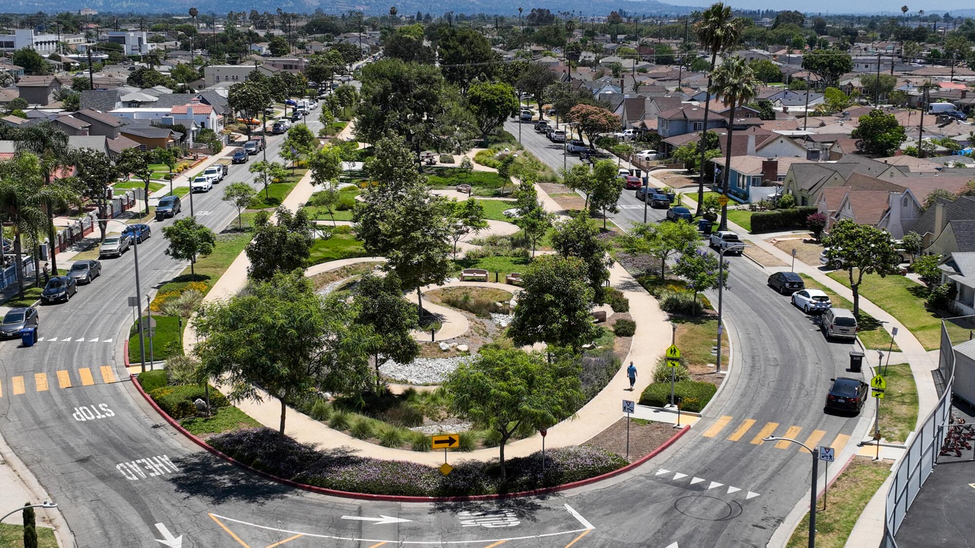 A drone view of the East L.A. Sustainable Median Stormwater Capture Project in East Los Angeles.